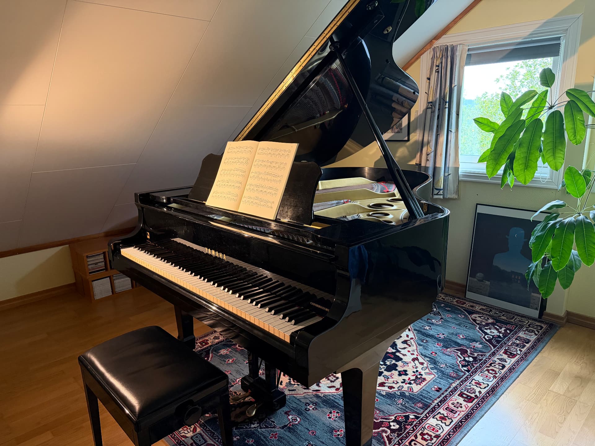 Sort Yamaha-flygel med åpne noter i et lyst rom med vindu og grønn plante